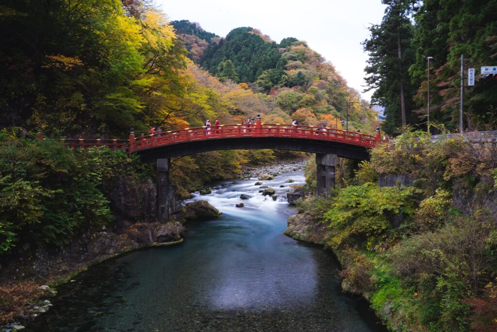 red bridge over river between green trees during daytime. Tochigi Cover Photo